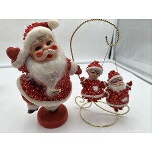 Set 3 Vintage Christmas Beaded Flocked Santa Figurine & Mr/ Mrs Claus Ornament